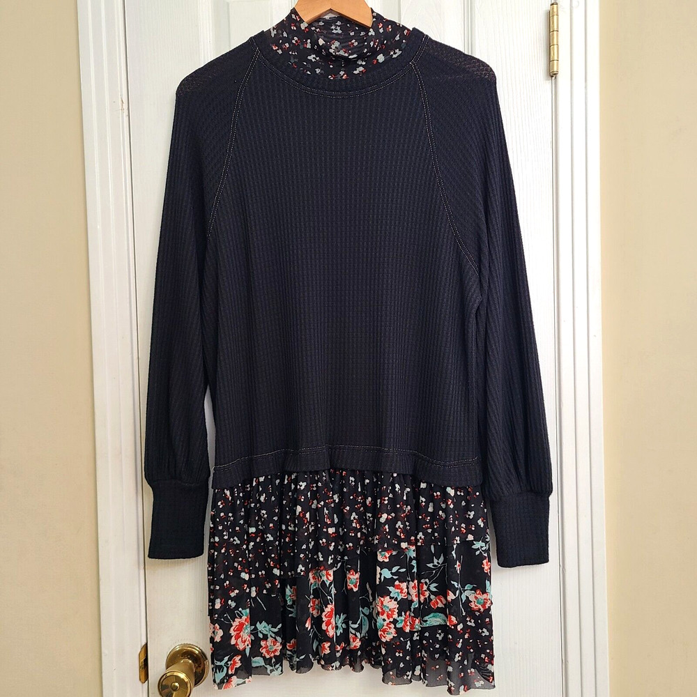 Free People Opposites Attract Mini Dress Black Waffle Knit Floral Layers Size M